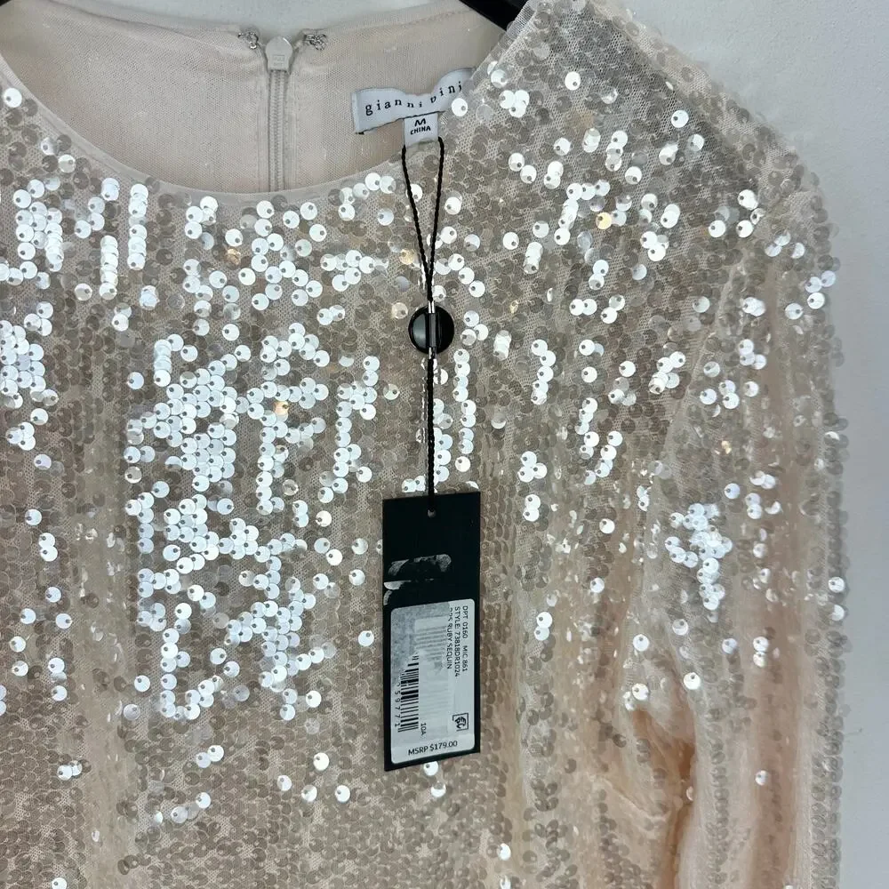 Gianni Bini Ruby Sequin Mini Dress Long Sleeve Cream Party Cocktail Medium NWT - Picture 6 of 13